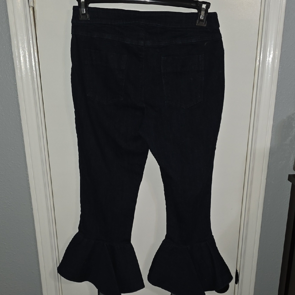 Donna DEGNAN Dark Denim Flared Ruffle Hem Jeans Sz 8 - Picture 6 of 10